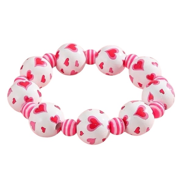 Valentine’s Day White & Pink Hearts Wooden Beaded Stretch Bracelet.           C3 - Picture 1 of 6
